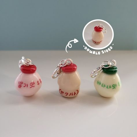 Japanese and Korean Drink Charms / Banana Milk, Strawberry Milk, and Yogurt Handmade Polymer Clay Keychain - Etsy Korean Drink, Drink Charms, Milk Strawberry, Clay Keychain, Clay Diy Projects, Banana Milk, Phone Charms, Cute Polymer Clay, Cute Clay