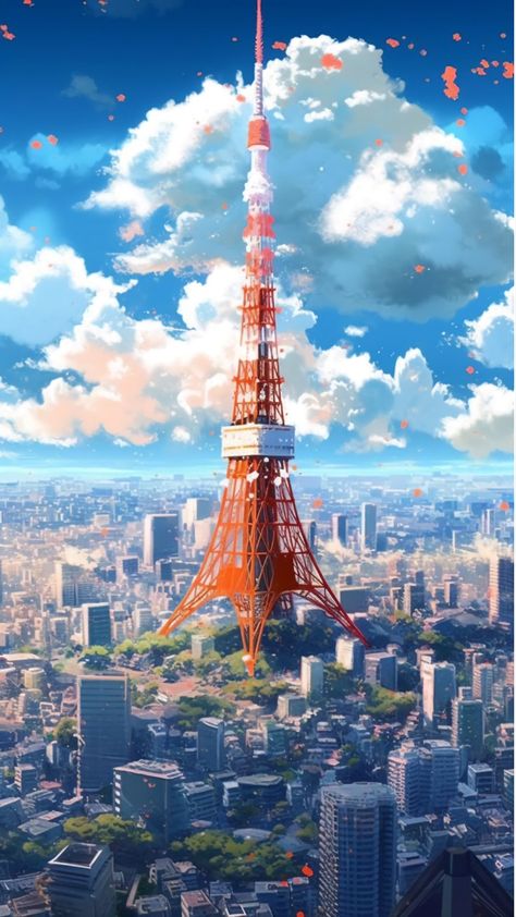 Tokyo Tower Anime, Tokyo Tower Illustration, Anime Tokyo City, Tokyo Tower Drawing, Tokyo Tower Wallpaper, Tokyo City Drawing, Japan Tokyo Tower, Tokyo Painting, Tokyo Drawing