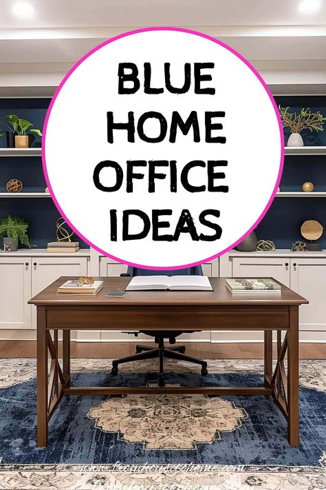 blue home office ideas Home Office With Blue Walls, Home Office Ideas Navy Blue, Nautical Office Design, Blue And Yellow Office, Blue Home Office Ideas, Two Tone Office, Navy Home Office, Diy Wall Unit, Blue Decor Ideas