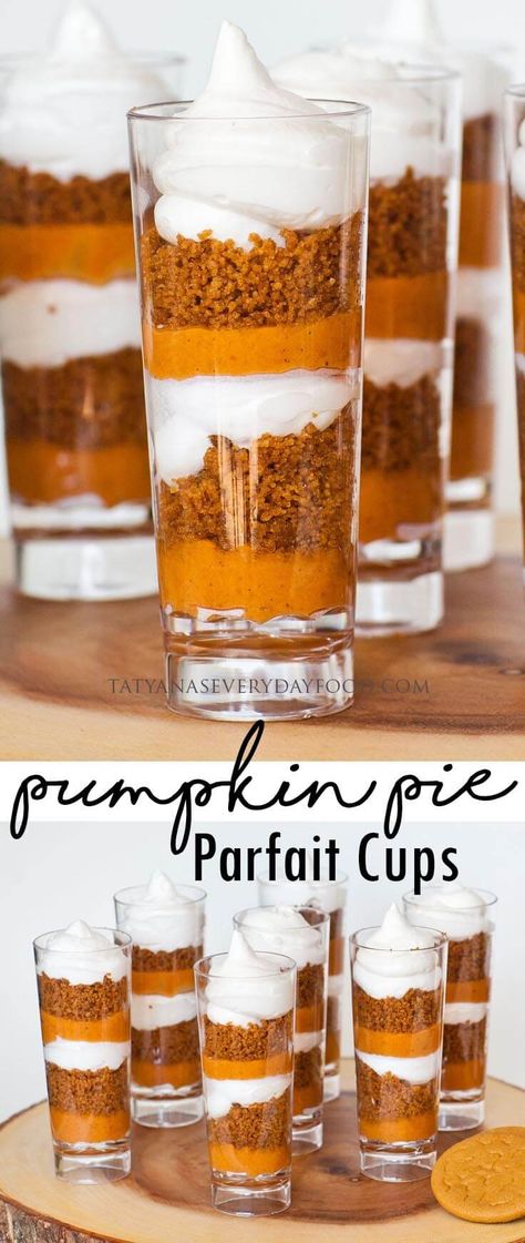 Mini Pumpkin Pie Parfaits (video) Pumpkin Pie Shooters Desserts, Pumpkin Dessert Shooters, Pumpkin Shooter Desserts, Pumpkin Pie Shooters, Wedding Shooters Desserts, Thanksgiving Dessert Shooters, Pumpkin Shooters, Parfait Shooters, Appetizer Shooters