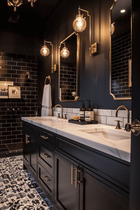 Black Monochromatic Bathroom, Black Ceiling Bathroom Ideas, Moody Small Full Bathroom, Gothic Bathroom Ideas Modern, Aesthetic Bathroom Colors, Bathroom 1930s Style, Dark Basement Bathroom, Dark Home Design Ideas, All Black Office Interior Design