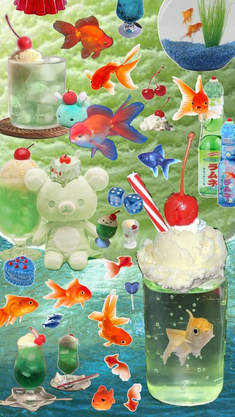 goldfish melon soda cake cherry blue orange green red aesthetic water fish cute collage wallpaper Cute Collage Wallpaper, Green Red Aesthetic, Goldfish Wallpaper, Cute Collage, Cake Cherry, Fish Cute, Melon Soda, Clear Phone Case Design, Soda Cake