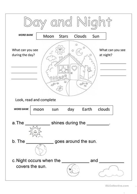 DAY AND NIGHT - English ESL Worksheets for distance learning and physical classrooms Day And Night Worksheets Kindergarten, Day And Night Worksheet, Free Science Worksheets, 1st Grade Science, First Grade Science, First Grade Worksheets, Science Quotes, Social Studies Worksheets, Kindergarten Science