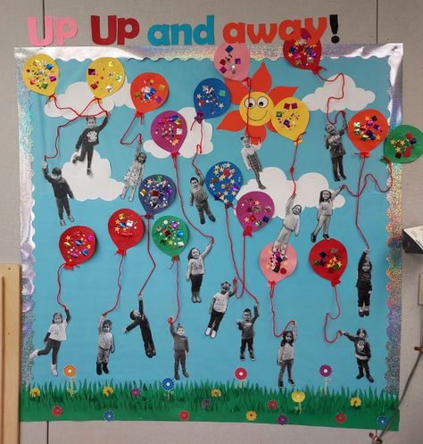 100 Days Bulletin Board Ideas, When I Grow Up Bulletin Board Ideas, Process Art Bulletin Board, Goodbye Bulletin Boards, Celebration Bulletin Board Ideas, Balloon Bulletin Board, Graduation Bulletin Board, Graduation Preschool, March Preschool