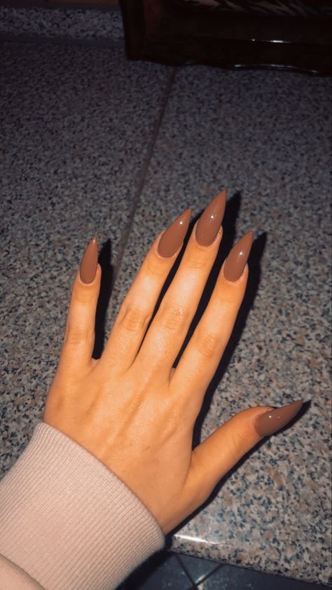 Matte Brown Acrylic Nails Almond, Solid Brown Nails Acrylic, Matte Brown Almond Nails, Brown Hand Nails, Brown Pointy Nails, Brown Powder Nails, Chocolate Brown Nails Acrylic Almond, Fall Nails Pointy, Fall Almond Nails Ideas Brown Skin