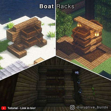 Boat Racks Minecraft, Minecraft Boat Storage, Minecraft Fishery, Minecraft Boat Dock Ideas, Minecraft Boat Dock, Minecraft Dock Design, Minecraft Dock, Minecraft Boat, Boat Rack