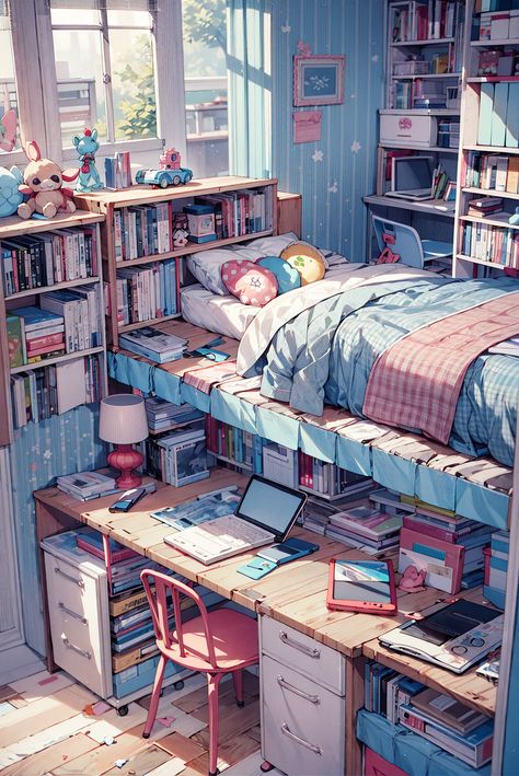 Anime Room Drawing Aesthetic, Loft Room Drawing, Cool Room Wallpaper, Room Reference Drawing, Cozy Room Drawing, Bedroom Concept Art, Bedroom Reference, Small Loft Bedroom, Bedroom Drawing