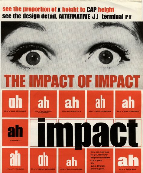 “The Impact of Impact” typeface advert brochure - Fonts In Use Graphic Design Collection, Graphic Design Ads, Vintage Graphic Design, Typeface Design, Graphic Design Typography, Vintage Graphics, Graphic Design Illustration, Typography Design, E Design