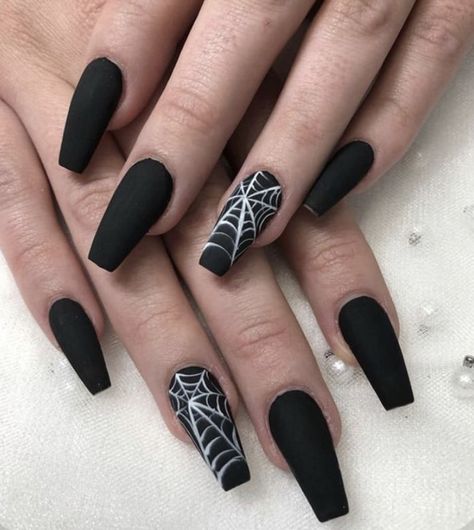 Halloween Acrylic Nails Spider Webs, Black Spooky Nails Coffin, Cute Goth Acrylic Nails, Black Color Nails Acrylic, Black Acrylic Nails Simple Design, Halloween Nail Designs 2022 Acrylic, Black Nails With Spider Web Accent, Black Nails With Web, Black Coffin Halloween Nails