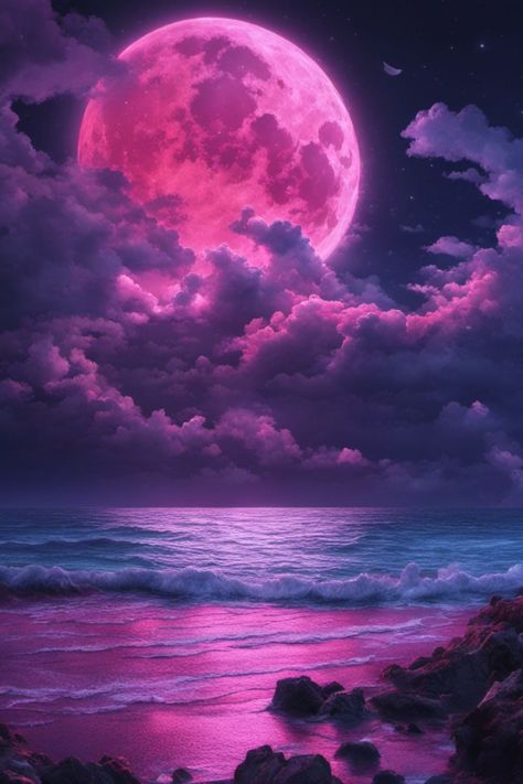 AI generated beautiful wallpaper of a pink moon. Moon and ocean. #ai #aiart Moon And Ocean, Pink Moon Wallpaper, Space Art Wallpaper, Beautiful Moon Pictures, Moon Mobile, Attractive Wallpapers, Beautiful Scenery Photography, Galaxies Wallpaper, Sky Images