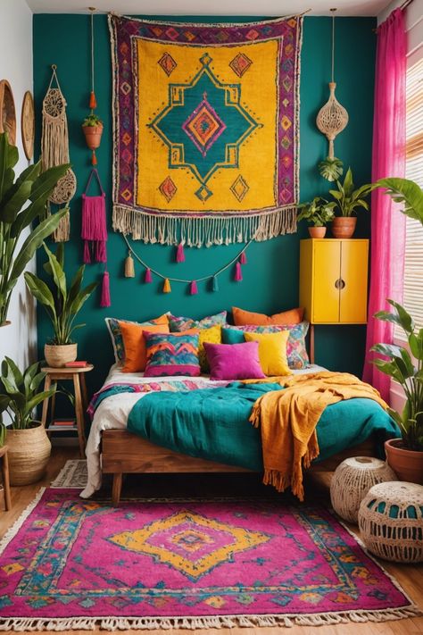 20 Cutest Rainbow Boho Style Bedroom Decor Ideas – ToolzView Encanto Bedroom, Rainbow Boho Bedroom, Bright Boho Bedroom, Sun Bedroom, Boho Style Bedroom Decor, American Room, Colorful Boho Bedroom, Colorful Boho Home, Colorful Bedroom Design