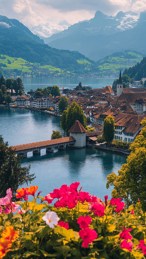 A picturesque view of a charming Swiss town with a covered wooden bridge crossing a serene lake, vibrant flowers in the foreground, and majestic snow-capped mountains in the background, one of the most beautiful lakes in Switzerland. Switzerland Town, Lake Brienz Switzerland, Switzerland Travel Photography, Switzerland Pictures, Swiss Nature, Switzerland Adventure, Brienz Switzerland, Switzerland Aesthetic, Switzerland Nature