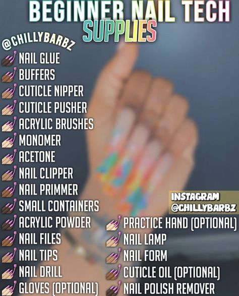 Amazon Nail Products, Nail Tech Room Ideas Black, Nail Tech For Beginners, List Of Nail Supplies For Beginners, Best Nail Supplies, Everything A Nail Tech Needs, Beginning Nail Tech, Nail Tech Checklist, Nail Buisness Aesthetic