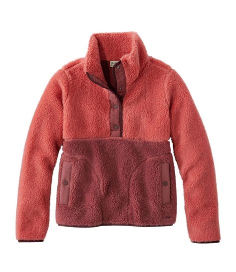 Our bestselling Sherpa Fleece, in an easy-layering pullover style. It's designed to be warm enough for cooler weather and stylish enough for the workplace or evening out. Best with midweight layer. Falls at hip. Center back length: Petite 22. 75", Regular 23. 75", Plus 25. 75". Relaxed Fit. Woven overlay: 100% nylon. Lining: 100% recycled polyester. Body: 100% recycled polyester. Machine wash and dry. Stylish stand-up snap collar keeps coziness in and chill out. Two snap hand pockets. Elastic cu Womens Sherpa, Sherpa Pullover, Red Fleece, Kids Outerwear, Womens Fleece, Shop Mens Clothing, Sherpa Fleece, Ll Bean, Pullover Sweatshirts