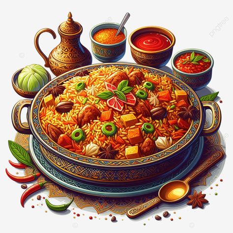 Biryani Drawing, Biryani Illustration, Food Portfolio, Biryani Rice, Meat Food, Dum Biryani, Egyptian Food, Chicken Biryani, Food Png