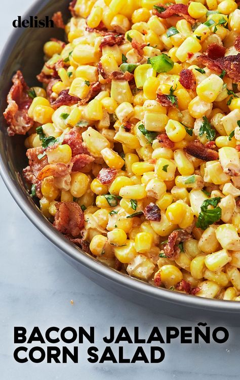 This easy corn salad is the perfect side for a potluck or barbecue. Get the recipe from Delish.com. #bacon #jalapeno #corn #salad #recipe #easy #sides #bbq Bacon Jalapeño Corn Salad, Bbq Corn Recipe, Veggies For Potluck, Corn Salads Recipes, Side Dish For Large Group, Bacon Corn Salad, Corn And Bacon Salad, Corn Salad With Bacon, Recipes Using Corn