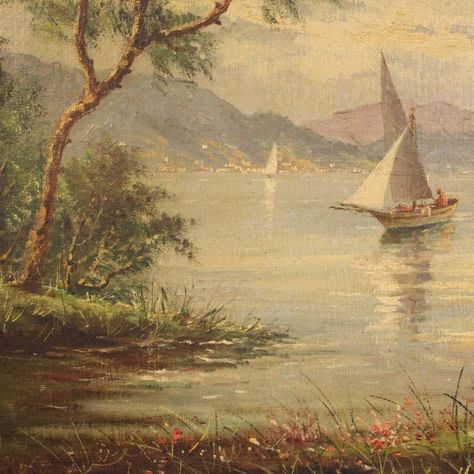 French painting from the mid 20th century. Framework oil on canvas (glued on a board), depicting a pleasant view of the lake with sailboats of good pictorial quality. Painting of excellent proportion adorned with a carved and gilded wooden frame equipped with a wood-colored passe-partout (see photo). Framework signed lower right (see photo) under study. Painting for antique dealers and interior decorators, it can be easily placed in different parts of the house. Painting that is part of a pair ( Study Painting, French Paintings, Brown Painting, Lake Painting, Seascape Art, European Paintings, Old Paintings, Aesthetic Painting, Antique Paint