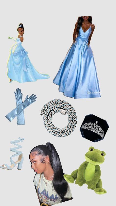 tiana and her blue dress inspo Tiana Dress Blue, Blue Dress Costume Ideas, Princess Tiana Blue Dress, Tiana Inspired Outfits, Tiana Blue Dress, Sweet 16 Dresses Blue, Tiana Cosplay, Princess Tiana Costume, Blue Dress Costume