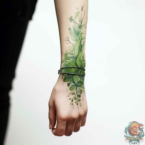 Green Ink Tattoo Simple, Blended Tattoos, Earth Fairy Tattoo, Green Witch Tattoo Ideas, Green Watercolor Tattoo, Ecology Tattoo, Green Leaf Tattoo, Dark Green Tattoo, Green Witch Tattoo