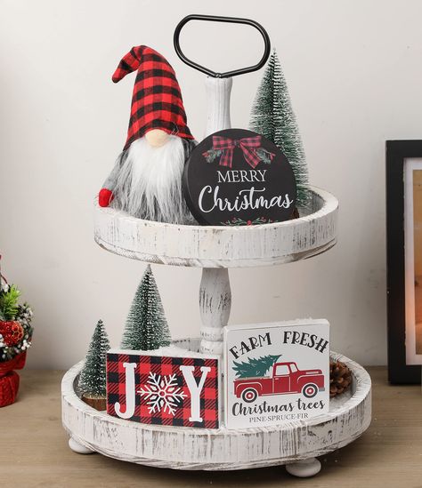 Christmas Trees Farmhouse, Wood Blocks Christmas, Christmas Coffee Table Decor, Shelf Fireplace, Christmas Decorations Apartment, Tray Decor Christmas, Sideboard Decor, Christmas Tiered Tray, Plaid Christmas Decor