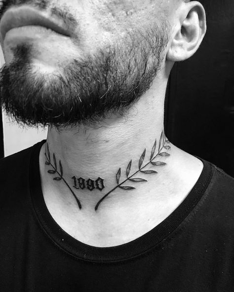 Leaves On Neck Tattoo, Laurel Neck Tattoo, Word Tattoos Hand, Low Neck Tattoo, Laurel Tattoo Men, Colar Bone Tattoo Men, Leaf Neck Tattoo, Front Neck Tattoo For Guys, Clavicle Tattoo For Men