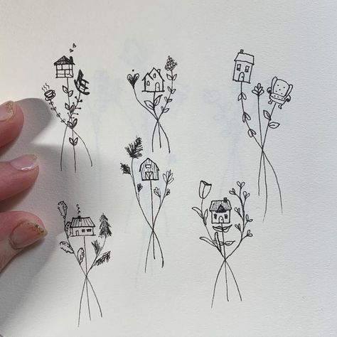 Karry | Minimal Art | Handpoke on Instagram: “Tiny village bouquets. 🏡 #curatedtattoos #flashtattoo #tinytattoos #minitattoos #housetattoo #chairtattoo #naturetattoo #flowertattoo…” Apartment Tattoo, Tiny House Tattoo, Village Tattoo, Village Drawing, Gay Tattoo, House Tattoo, Tiny Village, Tiny Cottage, Home Tattoo