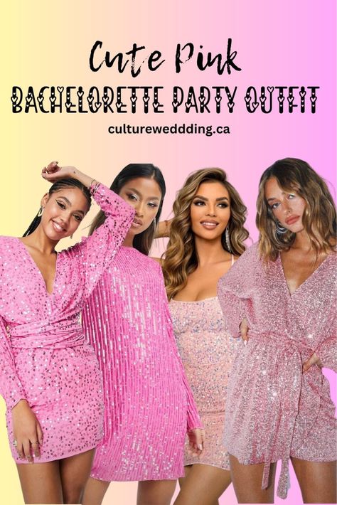 Sequin Bachelorette Party Outfit, Pink Bachelorette Party Outfit, Sequin Bachelorette Party, Glitter Outfits, Cute Pink Outfits, Hen Party Outfits, Pink Bachelorette Party, Bright Colored Outfits, Pink Bachelorette