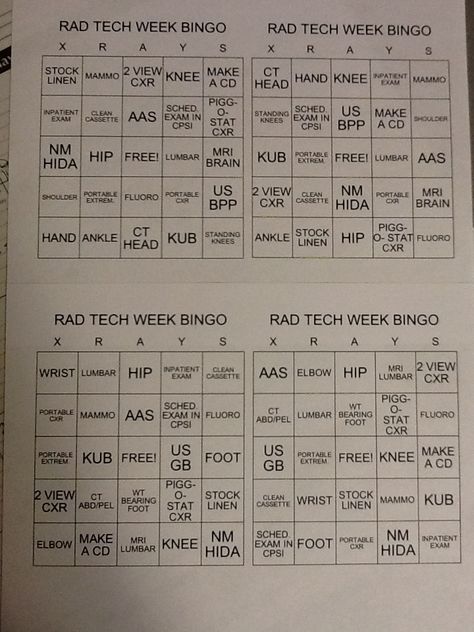 Play bingo with the exams you do throughout the day!  First to bingo wins a prize! X Ray Tech Week, Xray Tech Week Games, Radiology Tech Week Games, Radiology Week Ideas, Radiology Tech Week Ideas, Rad Tech Week Games, Radtech Student, Rad Tech Week Ideas, Career Memes