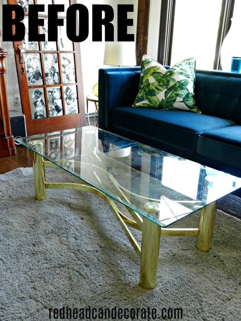 Thrifty vintage brass & glass coffee table gets a modern day makeover with this one simple step... Glass Table Diy Makeover, Brass Glass Coffee Table, Glass Living Room Tables, Glass Top Coffee Table Makeover, Glass Table Redo, Glass Table Makeover, Glass Coffee Table Makeover, Gold Glass Coffee Table, Coffee Table Upcycle