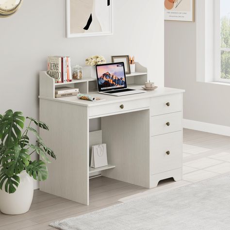 PRICES MAY VARY. Strong Storage Capacity: This sophisticated computer desk is equipped with 4 drawers of different sizes, 3 of which are used for storing general purpose items and 1 large drawer dedicated to storing files. And there is a shelf underneath the desktop for storing books or other items Spacious Desktop Surface: This home office desk features a 43-inch wide work surface, providing you with ample space to work and study while maintaining a tidy environment. Additional hutch shelf abov Study And Makeup Desk, White And Wood Desk, White Study Table, Small Desk Ideas, Study Table With Storage, Aesthetic Desks, White Desk With Hutch, Small Office Table, Small Study Table