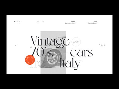 Vintage 70's cars — Website concept by Francesco Prisco on Dribbble Vintage Web Design, 블로그 디자인, Indesign Layout, Website Concept, 그림 낙서, Portfolio Design Layout, Presentation Layout, Portfolio Site, Web Inspiration