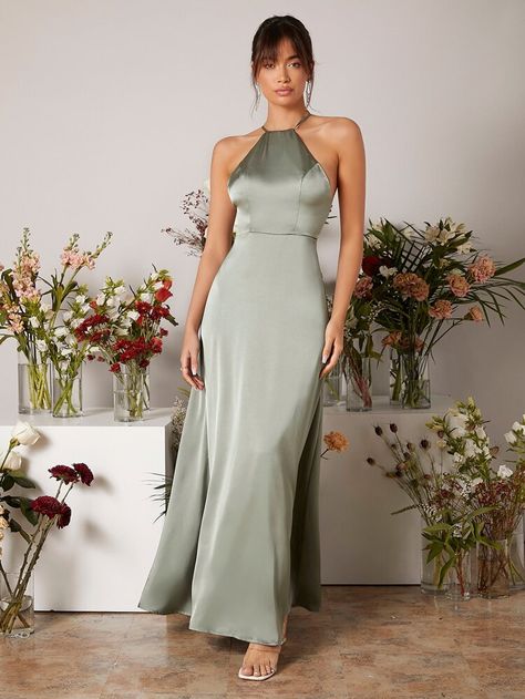 SHEIN Halter Neck Backless Satin Bridesmaid Dress | SHEIN USA Hairstyles For Halter Dress, Halter Dress Hairstyles, Dress Braidsmaid, Bridesmaid Dresses Canada, Halter Neck Bridesmaid Dresses, Silk Bridesmaid Dresses, Satin Halter Dress, Bridesmaid Dresses Satin, Bridesmaid Satin