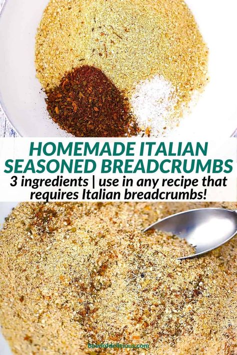 It's easy to make your own Italian Style Seasoned Breadcrumbs with just three ingredients - plain bread crumbs (homemade or store bought), Italian seasoning, and salt! Use to bread chicken, seafood, toasted ravioli, or any recipe you need Italian bread crumbs. Italian Bread Crumbs Recipe, Substitute For Bread Crumbs, Homemade Italian Bread, Homemade Bread Crumbs, Italian Bread Crumbs, Seasoned Bread, Bread Chicken, Bread Crumbs Recipe, Fall Eats