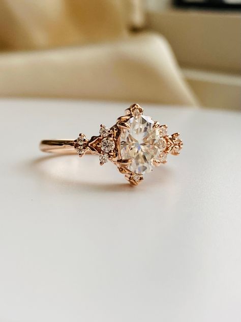 Oval lab diamond is set in a fantasy inspired Elven engagement ring, delicate and unique, 14k rose gold Dream Engagement Rings Romantic, Fairytale Rings Engagement, Enchanted Engagement Ring, Whimsical Engagement Ring, Fairytale Engagement Rings, Engagement Ring Gold, Dream Rings, Dream Wedding Ring, Pretty Engagement Rings