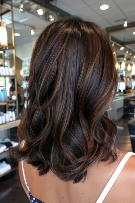 Brown Black Balayage Hair, Medium Brown With Dark Lowlights, Coloring Dark Brown Hair, Brown On Brown Highlights Brunettes, Dark Hair Fall Highlights, Autumn Lowlights For Brunettes, Dark Brown With Red Lowlights, Fall Brunette Lowlights, Dark Hair Fall Colors