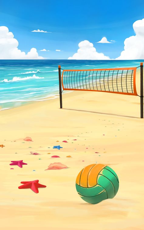 Anime Beach Wallpaper, Drawing Volleyball, The Beach Drawing, Tutorial For Drawing, Volleyball Art, Volleyball Drawing, Anime Beach, Summer Art Projects, Beach Drawing