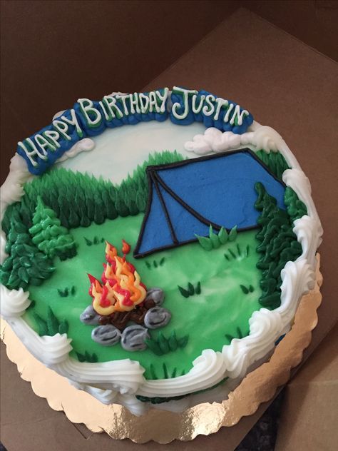 Camp theme birthday cake. Credit given to Concord Tea Cakes for creating a gorgeous themed camping cake. Camping Sheet Cake Ideas, Campfire Theme Cake, Camping Cake Decorating Ideas, Outdoors Cake For Men, Camping Cake Design, Camping Sheet Cake, Camping Cake Ideas For Men, One Happy Camper Sheet Cake, Camping Themed Birthday Cake