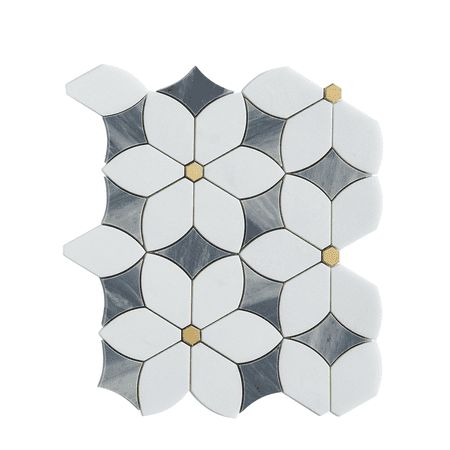 Water Jet 6" x 6" Novelty Mosaic Wall & Floor Tile Thassos White, Calacatta Grey and Gold Metal Size: 10.88'' W X 13.25'' L. Stone Mosaic Wall, Mint Decor, Metal Mosaic, Metal Mosaic Tiles, Shower Floor Tile, Mosaic Wall Tiles, Cement Crafts, Marble And Gold, Porcelain Mosaic