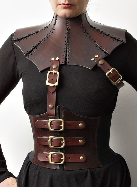 with armor neck piece Stile Punk Rock, Leather Corset Belt, Steampunk Corset, Steampunk Cosplay, Leather Armor, Steampunk Accessories, Steampunk Costume, Corset Belt, Leather Corset