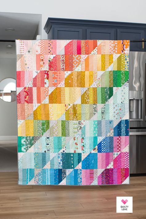 Happy Stripes is part of the Quilty Love Stash Buster quilt pattern series from Emily Dennis at quiltylove.com. The idea behind these stash buster patterns is that you can grab some fabrics from your stash and start sewing. This fun and modern quilt pattern works with fat quarters, layer cake squares, jelly roll strips or half yards and includes instructions for 8 quilt sizes as well as 2 bonus patterns! Happy Stripes Quilt, Stripe Quilt Pattern, Stripes Quilt, Quilty Love, Rainbow Quilts, Plus Quilt, Bright Quilts, Ruby Star Society, Scrappy Quilt Patterns