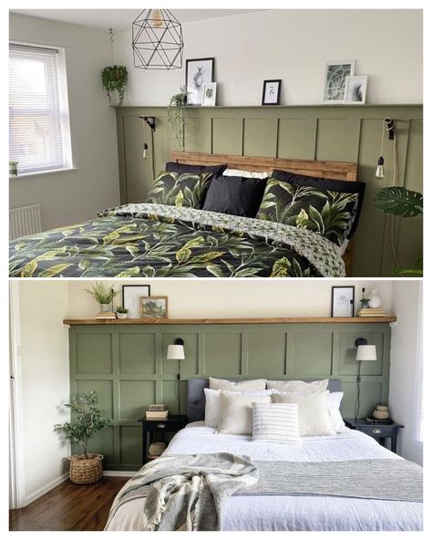 Wainscoting In Bedroom Ideas, Tall Wainscoting Bedroom, Fake Paneling Wall Bedroom, Green Bedroom Half Wall, Wood Panelling Headboard, Olive Bedroom Panelling, Half Panel Half Wallpaper Bedroom, Forest Green Panelling Bedroom, Bedroom Tongue And Groove Panelling