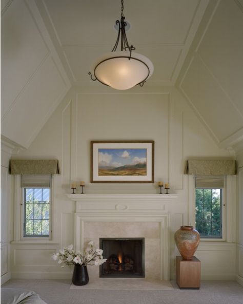 Vaulted paneled ceiling with a flat top Vaulted Ceiling Trim, Ceiling Molding Ideas, Cathedral Ceiling Living Room, Vaulted Ceiling Bedroom, Vaulted Ceiling Ideas, Vaulted Master, Vaulted Ceiling Lighting, Vaulted Ceiling Living Room, Low Ceiling Lighting