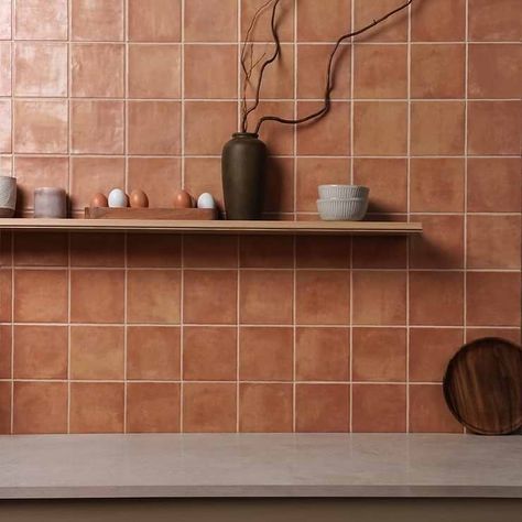 Paula Purroy Talia Terracotta 5x5 Matte Ceramic Tile Terracotta Kitchen Backsplash, Terracotta Backsplash Kitchen, Terracotta Tile Bathroom, Terracota Tile, Terracotta Backsplash, Terracotta Tiles Kitchen, Modern Tile Backsplash, Brown Tile Bathroom, Matte Ceramic