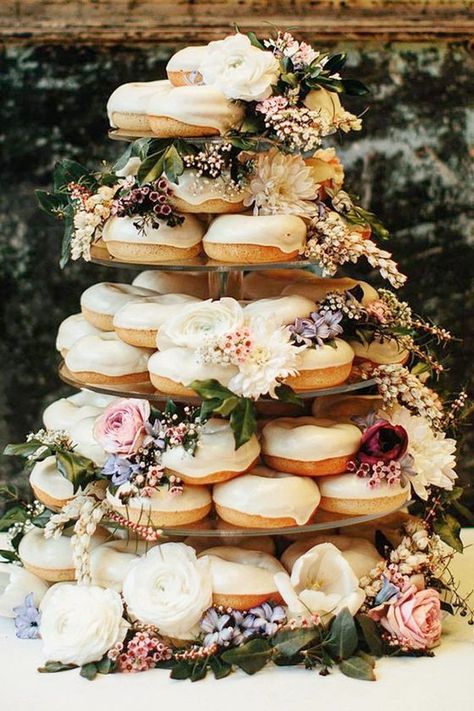 unusual donut wedding cake alternative ideas Wedding Dessert Ideas, Donut Wedding Cake, Event Planning Guide, Donut Tower, Dessert Alternatives, Wedding Donuts, Wedding Cake Alternatives, Non Traditional Wedding, Wedding Dessert Table