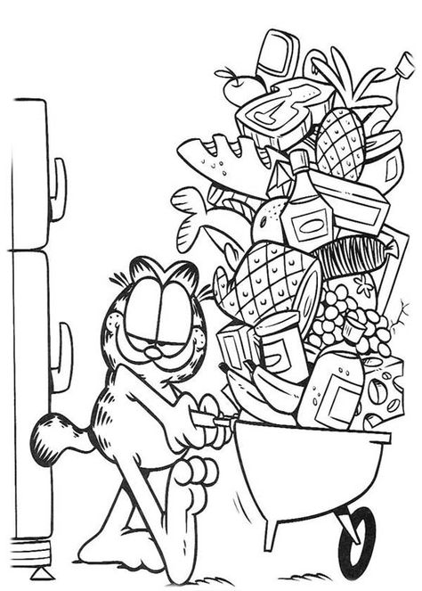 Garfield Taking Food from Freezer Coloring Page - NetArt Garfield Coloring Pages, Desenho Tom E Jerry, Garfield The Cat, Garfield Christmas, Food Coloring Pages, Detailed Coloring Pages, Dog Coloring Page, Colouring Printables, Cat Coloring Page