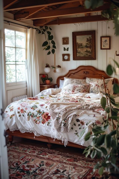 Room Ideas For Clothes, Nature Bedroom Design, Cozy Plant Decor, Cottage House Interior Design Bedroom, Dark Cottage Core Interior Design, Cottagecore Master Bed, Rustic Room Decor Ideas, French Farmhouse Bedroom Ideas, Bedroom Bedding Ideas Cozy