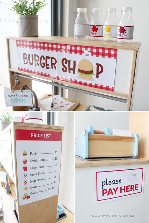 Burger Shop Dramatic Play - My Party Design Dramatic Play Kitchen Preschool, Dramatic Play Centers Toddlers, Sandwich Shop Dramatic Play, Pretend Play Set Up, Kitchen Dramatic Play Preschool, Pretend Play Stand, Role Play Ideas For Kids, Kitchen Dramatic Play, Dramatic Play Ideas