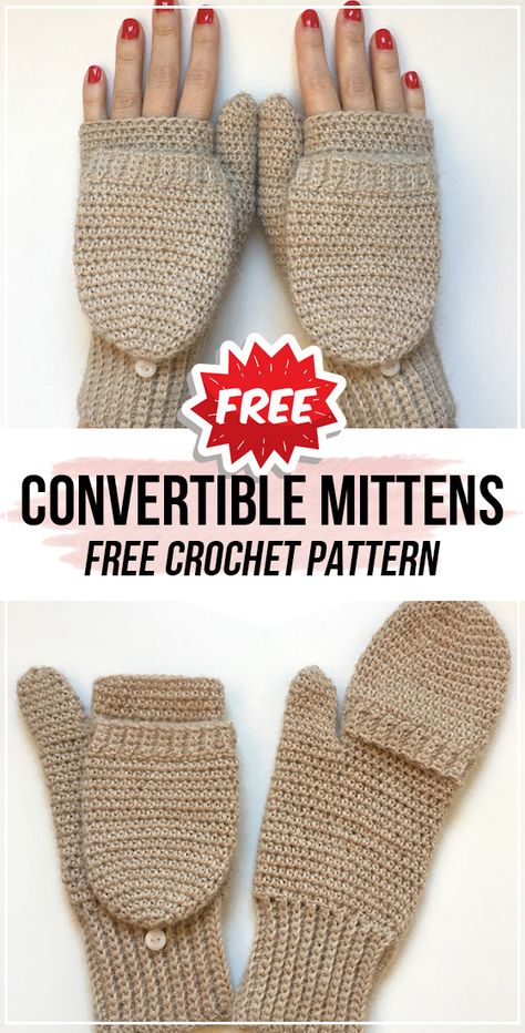 crochet Convertible Crochet Mittens free pattern     #Mittens  #crorchet #freecrocehtpattern via @shareapattern.com Mittens With Flip Top, Crochet Quick Projects Free, Mittens Free Pattern, Crocheted Mittens, Crochet Gloves Free Pattern, Crochet Fingerless Gloves Free Pattern, Crocheted Gloves, Crochet Baby Mittens, Crochet Hand Warmers