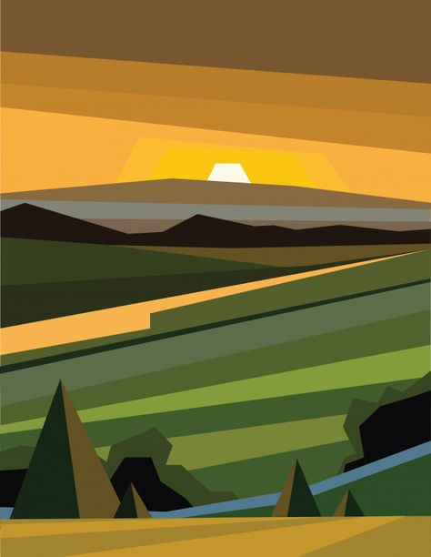 Abstract polygonal green landscape with mountains Premium Vector Cubism Landscape Painting, Cubist Landscape Painting, Geometric Landscape Art, Cubism Landscape, Color Block Landscape, Mountain Landscape Illustration, Graphic Design Landscape, School Wall Art Ideas, Polygonal Art