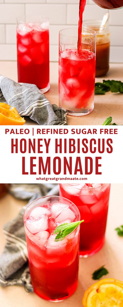 Delicious and refreshing homemade honey hibiscus lemonade! The flavor is so wonderful, and it's so easy to make and naturally paleo. It's the perfect drink on a warm day! #paleo #lemonade #hibiscus #summerdrinks #mocktail Hibiscus Lemonade, Aip Drinks, Tea Foods, Hibiscus Drink, 60's Party, Sugar Free Honey, Paleo Recipies, Paleo Drinks, Drink Recipes Nonalcoholic